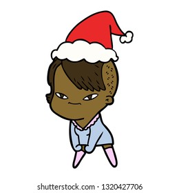 süße, handgezeichnete Linienzeichnung eines Mädchens mit Nhipster-Haarschnitt mit Santa-Hut