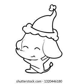 cute hand drawn line drawing of a elephant wearing santa hat
