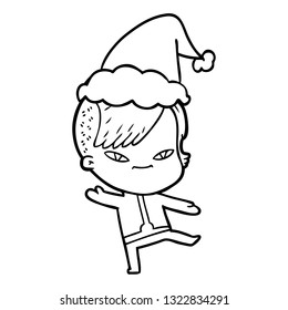 cute hand drawn line drawing of a girl with hipster haircut wearing santa hat