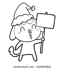 cute hand drawn line drawing of a dog wearing santa hat