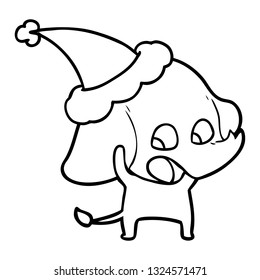 cute hand drawn line drawing of a elephant wearing santa hat