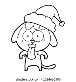 cute hand drawn line drawing of a dog wearing santa hat