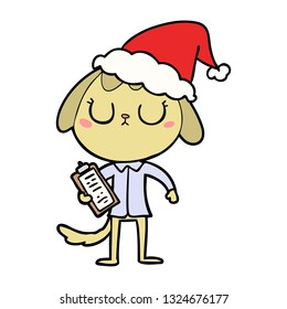 cute hand drawn line drawing of a dog wearing office shirt wearing santa hat