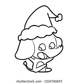 cute hand drawn line drawing of a elephant wearing santa hat