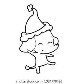 cute hand drawn line drawing of a elephant dancing wearing santa hat