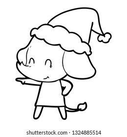 cute hand drawn line drawing of a elephant wearing santa hat
