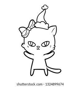 cute hand drawn line drawing of a cat wearing santa hat