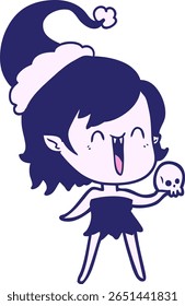 cute hand drawn line drawing of a happy vampire girl wearing santa hat in bright neon color