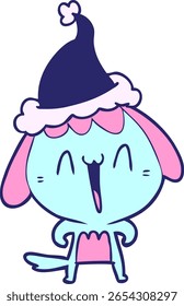 cute hand drawn line drawing of a dog wearing santa hat in bright neon color