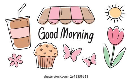 Linda línea dibujada a mano elemento gráfico Vector conjunto en buenos días en el concepto de cafetería