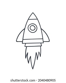 Cute hand drawn linear rocket in doodle style. Vector illustration on white background.