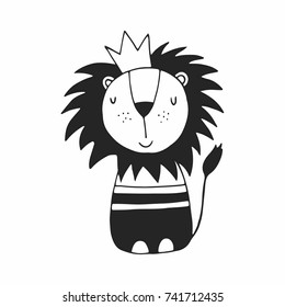 Cute hand drawn lion  nursery poster in Scandinavian style. Monochrome vector illustration.