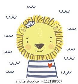 Cute hand drawn lion. Print for baby Shower. lion little sailor