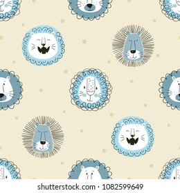 Cute hand drawn lions semless vector pattern. Kids print