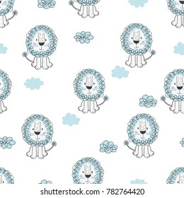 Cute hand drawn lions semless pattern. Vector illustration.