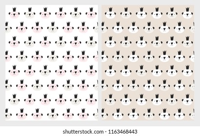 Cute Hand Drawn Litlle Bear Heads Vector Patterns. White Cute White, Pink and Beige Bear Heads, Black Crown. Beige and White Backgrounds. Infantile Design. Nose in the Heart Shape.