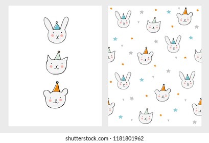 Cute Hand Drawn Little Cat, Bear and Bunny Illustrations. Cat, Bear and Bunny on a White Background. Bright Irregular Pattern With Pets, Stars and Hearts. Funny Pets in Hats Card. Lovely Nursery Art.