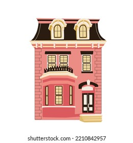 Cute hand drawn little country house with door, windows. Two stored home. Doodle village cottage. Colored flat vector illustration isolated on white background