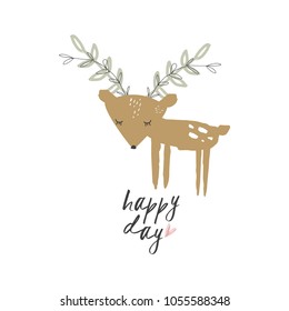 Cute hand drawn little deer, nursery postcard template. 
Clipart, isolated vector illustration.