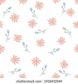 Cute hand drawn little flowers  seamless pattern. chamomile background. Floral pattern. Pretty flowers on white background. Printing with small pink flowers. elegant template for fashionable printers