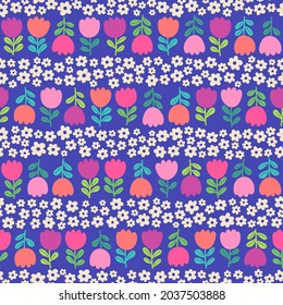 Cute hand drawn little flowers and row of tulips seamless  pattern background.