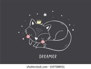 Cute hand drawn little fox. Cartoon sleep fox for baby shower