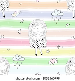 Cute hand drawn with cute little girl vector seamless pattern illustration