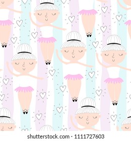 Cute hand drawn with cute little girl vector seamless pattern illustration