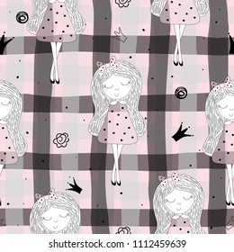 Cute hand drawn with cute little girl vector seamless pattern illustration