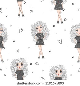 Cute hand drawn with cute little girl vector seamless pattern illustration