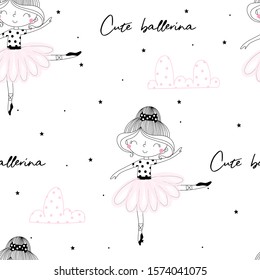 Cute hand drawn with cute little girl ballerina vector seamless pattern illustration