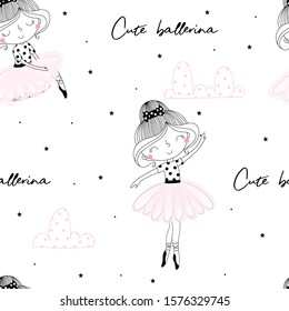 Cute hand drawn with cute little girl ballerina vector seamless pattern illustration