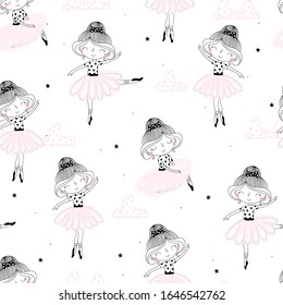 Cute hand drawn with cute little girl ballerina vector seamless pattern illustration