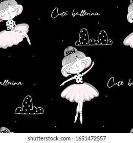 Cute hand drawn with cute little girl ballerina vector seamless pattern illustration