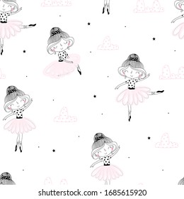 Cute hand drawn with cute little girl ballerina vector seamless pattern illustration