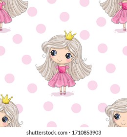 Cute hand drawn with cute little girl vector seamless pattern illustration. Cute Cartoon Princess. Hand drawn vector illustration with girl cute print