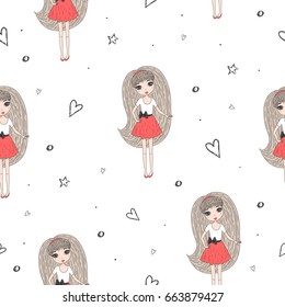 Cute hand drawn with cute little girl vector seamless pattern illustration.