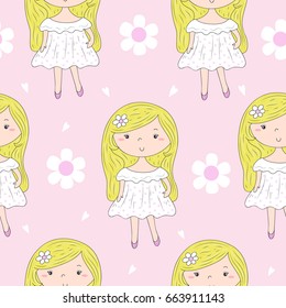 Cute hand drawn with cute little girl vector seamless pattern illustration.