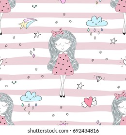 Cute hand drawn with cute little girl vector seamless pattern illustration.