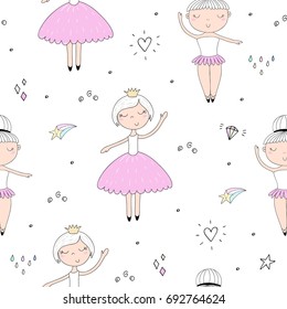 Cute hand drawn with cute little girl vector seamless pattern illustration.