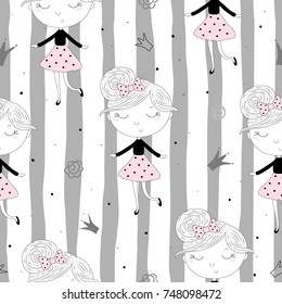 Cute hand drawn with cute little girl vector seamless pattern illustration.