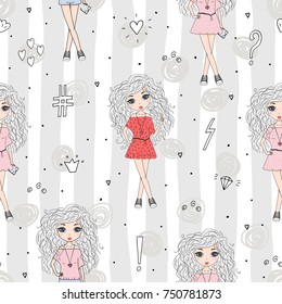 Cute hand drawn with cute little girl vector seamless pattern illustration.