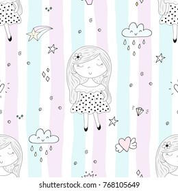 Cute hand drawn with cute little girl vector seamless pattern illustration.