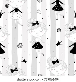 Cute hand drawn with cute little girl vector seamless pattern illustration.