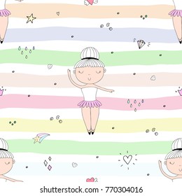 Cute hand drawn with cute little girl vector seamless pattern illustration.