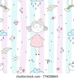 Cute hand drawn with cute little girl vector seamless pattern illustration.