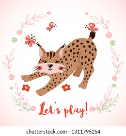 Cute hand drawn little linx with butterflies. Baby shower. Nursery concept. Design element for poster, banner, t-shirt and other. Vector illustration.