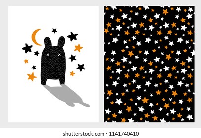 Cute Hand Drawn Little Monster Vector Illustartion. Black Hairy Monster Standing Among Stars And Moon. White Background. White and Orange Stars Pattern on a Black Background. Halloween Vector Design.