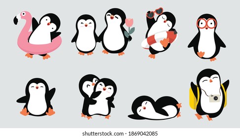 cute hand drawn little penguins poses collection