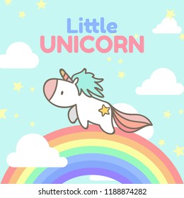 Cute hand drawn little unicorn running on the rainbow. Cute cartoon character. Vector illustrator.